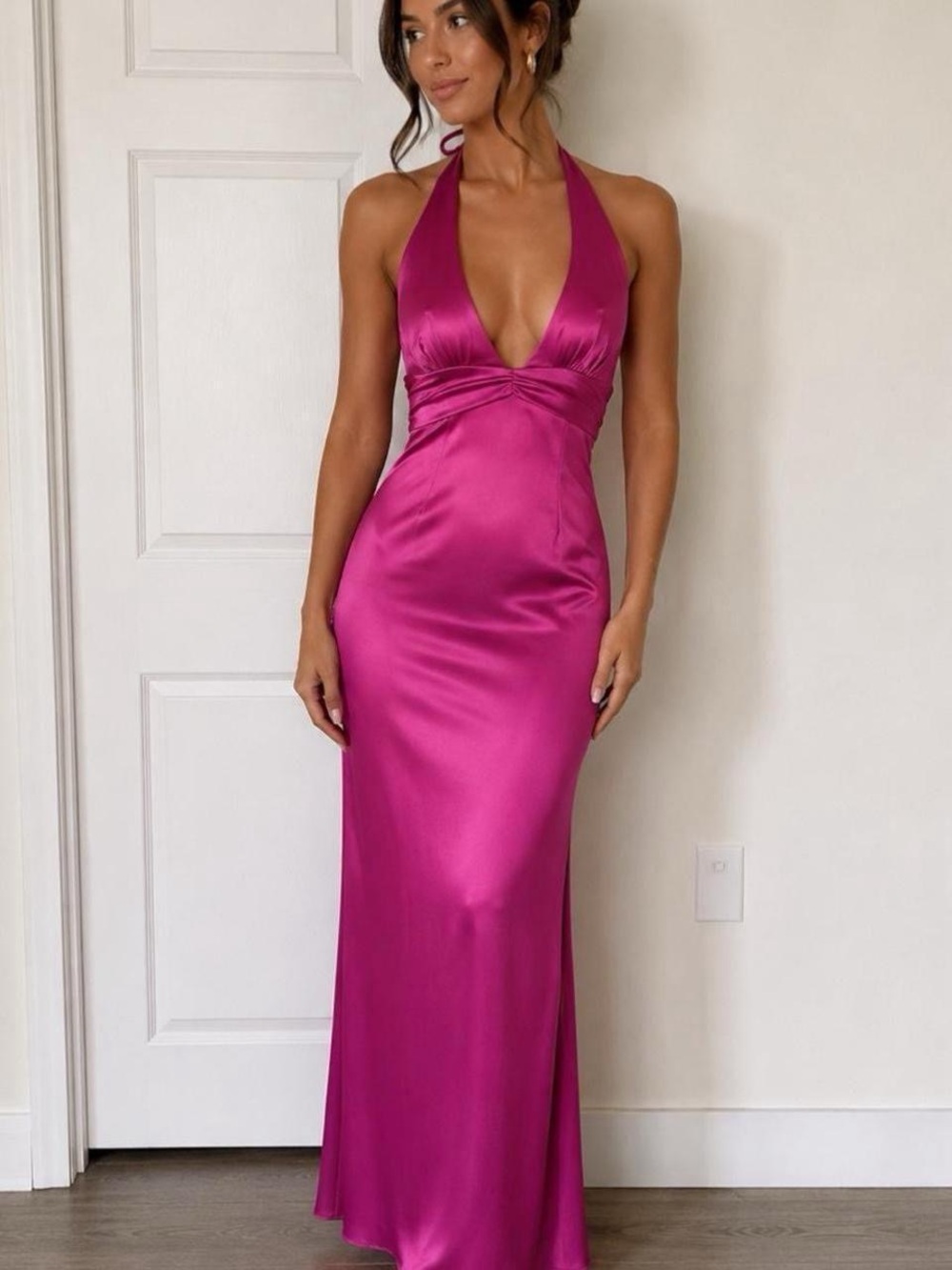 Princess House Fuchsia Halter Satin Maxi Dress